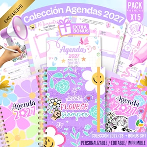 May include: A collection of 2027 planners featuring pastel purple, pink, and blue floral designs. The covers display text including Agenda 2027, Florece siempre, and various graphic elements like smiley faces, butterflies, and stars. The set includes printable pages with sections for notes, goals, and schedules, presented in a vibrant, colorful layout.
