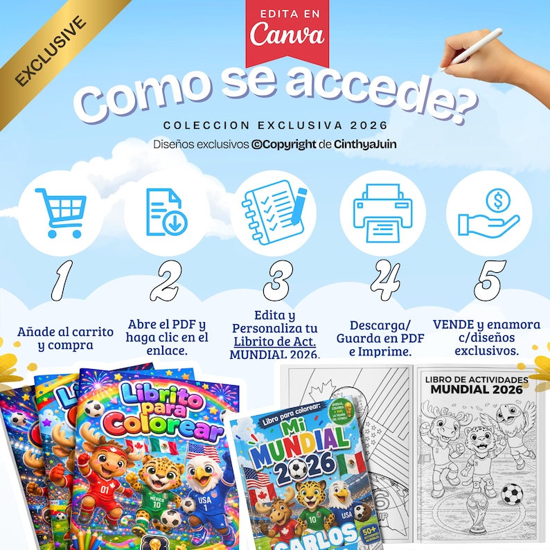 May include: An image with the text "EXCLUSIVE" and "EDITA EN Canva". It shows a step-by-step guide with icons and text in Spanish, including a shopping cart, PDF, notebook, printer, and money symbol. Coloring books with cartoon characters are also visible.