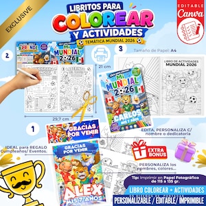 May include: A collection of coloring books and activity books with a soccer theme. The books feature the text "Mi Mundial 2026" and are designed for children. The image includes a gift box, a trophy, and the text "Extra Bonus". The paper size is A4, measuring 8.27 inches by 11.69 inches.