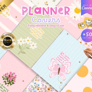 Puede incluir: Una colección de portadas de planificadores coloridas con diseños florales y de mariposas. Las portadas presentan texto como "Planner Covers" y "Fully editable & easy to use." Incluye un sello dorado con "Premium Quality Guarantee."