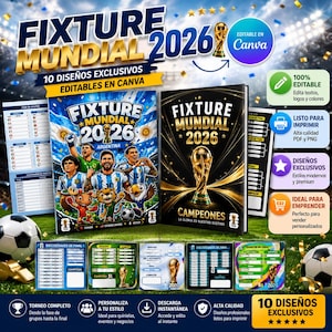 May include: A promotional graphic for the 2026 World Cup, with the text "Fixture Mundial 2026". The design includes images of soccer players, the World Cup trophy, and various editable templates. The graphic is designed for use in Canva, with the text in gold and white.