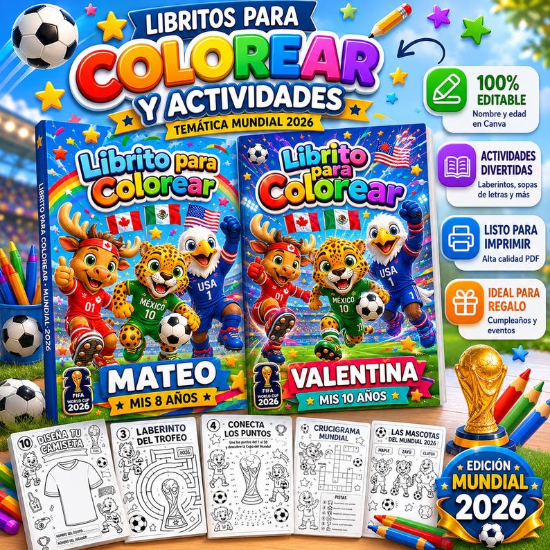 May include: Two coloring books with the text "Libritos Para Colorear Y Actividades" featuring cartoon characters in soccer uniforms. The books are themed for the 2026 World Cup, with the names "Mateo" and "Valentina" on the covers. Includes coloring pages and activities.