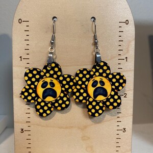 Flower earrings,  lightweight, spring earrings, smiley face flower earrings, stocking stuffer, sublimated earrings, fall earrings