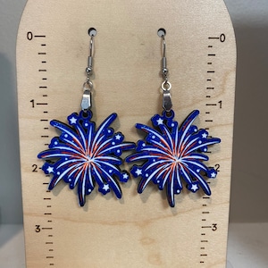 Fireworks earrings, lightweight earrings, July 4th earrings, wood earrings, red white blue earrings, patriotic earrings, gift for July 4th