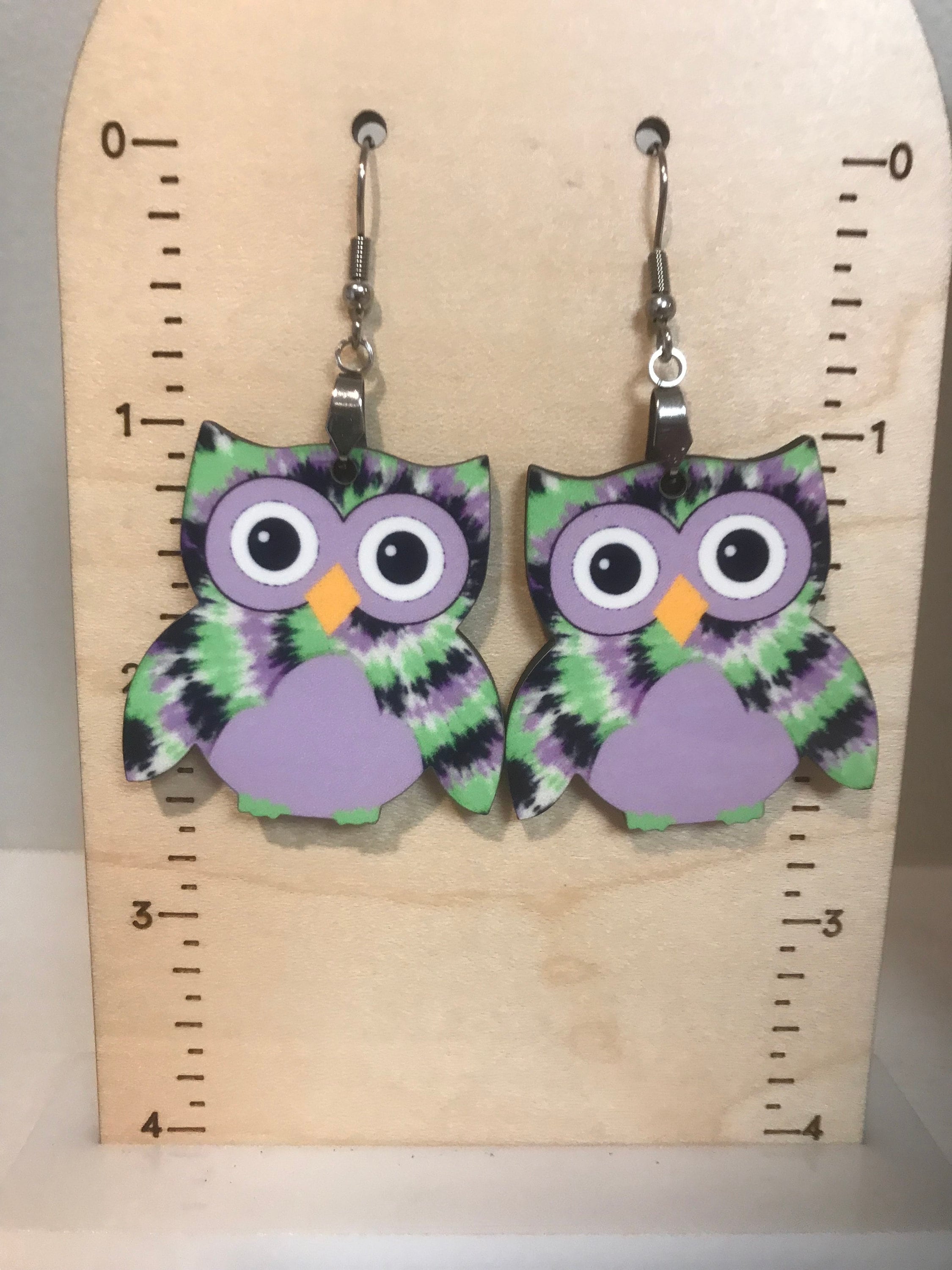 Purple green tie die owl earrings, sublimated, lightweight, summer, spring, fall, winter, animal ear