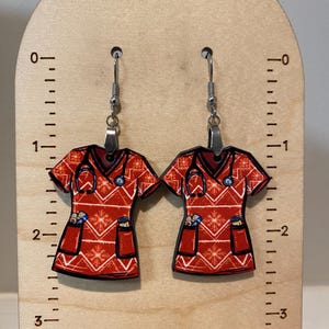 Red earrings, sublimated, lightweight, gift for nurse, nurse gift, Christmas gift, stocking stuffer, wood earrings, scrub shirt earrings