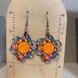 Flower earrings,  lightweight, spring earrings, smiley face flower earrings, stocking stuffer, sublimated earrings, fall earrings