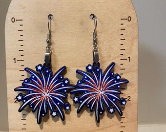 Fireworks earrings, lightweight earrings, July 4th earrings, wood earrings, red white blue earrings, patriotic earrings, gift for July 4th