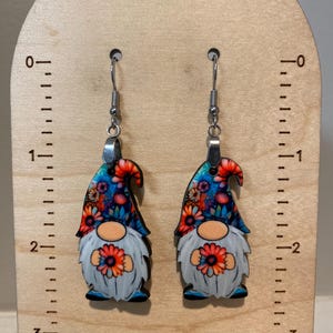 Hippie gnome earrings, lightweight, winter, Christmas earrings gift, stocking stuffer, flower gnome, spring gnome, gnome lover gift, wood