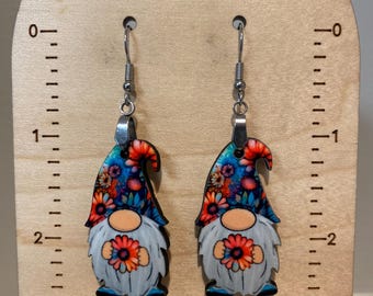 Hippie gnome earrings, lightweight, winter, Christmas earrings gift, stocking stuffer, flower gnome, spring gnome, gnome lover gift, wood