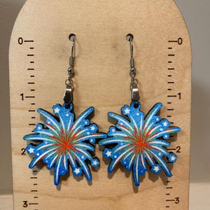 Fireworks earrings, lightweight earrings, July 4th earrings, wood earrings, red white blue earrings, patriotic earrings, gift for July 4th
