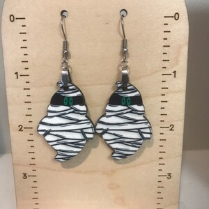 Mummy chubby ghost earrings, sublimated, lightweight, winter, White mummy, spooky earrings, Halloween earrings, ghost earrings, fall vibes