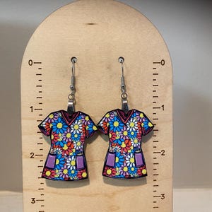 Flower earrings, sublimated, lightweight, gift for nurse, nurse gift, Christmas gift, stocking stuffer, wood earrings, scrub shirt earrings