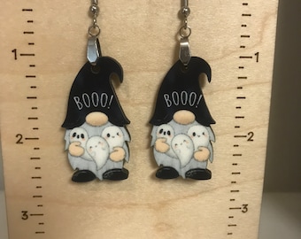 Boo gnome earrings, lightweight, winter, fall vibes, Halloween gnome, black gnome, spooky gnome, sublimated earrings, Halloween earrings