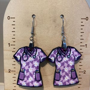 Purple earrings, sublimated, lightweight, gift for nurse, nurse gift, Christmas gift, stocking stuffer, wood earrings, scrub shirt earrings