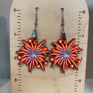 Fireworks earrings, lightweight earrings, July 4th earrings, wood earrings, red white blue earrings, patriotic earrings, gift for July 4th