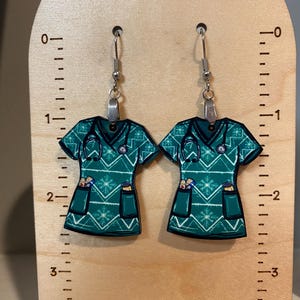 Green earrings, sublimated, lightweight, gift for nurse, nurse gift, Christmas gift, stocking stuffer, wood earrings, scrub shirt earrings