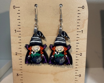 Witch gnome earrings, sublimated earrings, lightweight, winter, fall vibes, Halloween earrings, vampire gnome, monster gnome