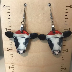 Santa cow earrings, sublimated earrings, lightweight, winter, Christmas earrings, stocking stuffer, cow lover earrings, Christmas gift