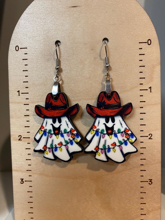 Christmas ghost earrings, sublimated, lightweight, winter, ghost lover gift, western lover gift, Halloween earrings, fall earring