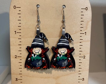 Witch gnome earrings, sublimated earrings, lightweight, winter, fall vibes, Halloween earrings, vampire gnome, monster gnome