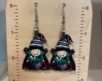 Witch gnome earrings, sublimated earrings, lightweight, winter, fall vibes, Halloween earrings, vampire gnome, monster gnome
