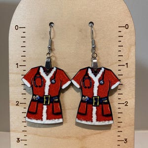 Santa nurse earrings, sublimated, lightweight, gift for nurse, nurse gift, Christmas gift, stocking stuffer, wood earrings, scrub shirt