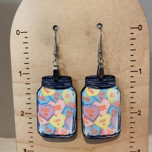 Candy heart earrings, sublimated earrings,  lightweight, Valentine earrings, winter earrings, Valentine gift, mason jar earrings