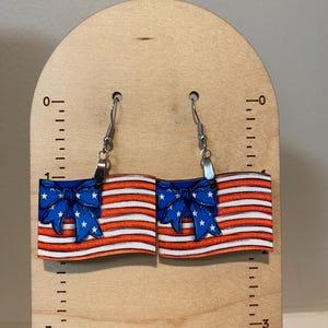 US Flag earrings, red white and blue, lightweight earrings, July 4th earrings, wood earrings, United States flag, patriotic earrings