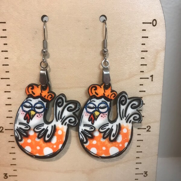 Orange chicken earrings, lightweight, winter, wood earrings, Stocking stuffer, sublimated earrings, hen earrings, chicken lover gift