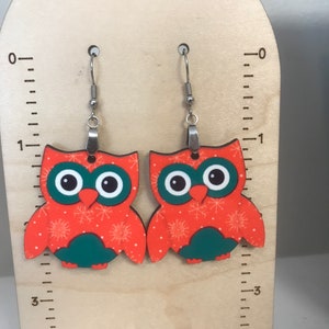 Red green owl earrings, sublimated earrings, lightweight, winter, fall vibes, falling leaves, Christmas owl earrings, owl lover earrings