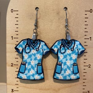 Blue earrings, sublimated, lightweight, gift for nurse, nurse gift, Christmas gift, stocking stuffer, wood earrings, scrub shirt earrings