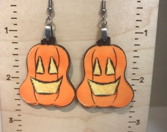 Happy lumpy pumpkin earrings, sublimated, lightweight, orange pumpkin, Halloween, fall, Happy Halloween, smiling pumpkin, Thanksgiving