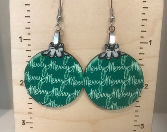 Merry earrings, lightweight, winter,  Christmas earrings, stocking stuffer, green ornament earrings, Christmas gift, green earrings