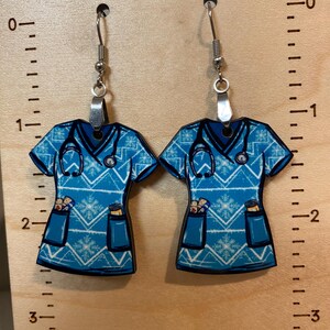 Blue earrings, sublimated, lightweight, gift for nurse, nurse gift, Christmas gift, stocking stuffer, wood earrings, scrub shirt earrings