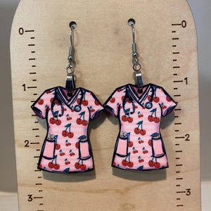 Cherry earrings, sublimated, lightweight, gift for nurse, nurse gift, Christmas gift, stocking stuffer, wood earrings, scrub shirt earrings