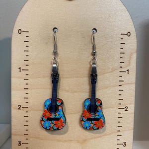 Guitar earrings, lightweight earrings, sublimated earrings, musician earrings, guitar player earrings, hippie guitar, flower earrings