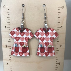Valentine nurse scrub shirt earrings,  lightweight, winter earrings, nurse earrings, scrub earrings, nurse gift, sublimated earrings, wood