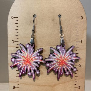 Fireworks earrings, lightweight earrings, July 4th earrings, wood earrings, red white blue earrings, patriotic earrings, gift for July 4th