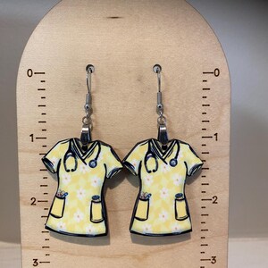 Yellow earrings, sublimated, lightweight, gift for nurse, nurse gift, Christmas gift, stocking stuffer, wood earrings, scrub shirt earrings