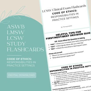 Op de afbeelding: Flashcards voor het LCSW klinisch examen, met de nadruk op de ethische code en verantwoordelijkheden in de praktijk. Bevat handige tips voor besluitvorming. Digitale download beschikbaar. Ideaal voor studie.