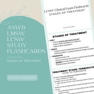 May include: A teal and white digital download for LCSW study flashcards. The flashcards cover the stages of treatment in clinical social work. The text on the flashcards includes "Early", "Middle", and "Termination".