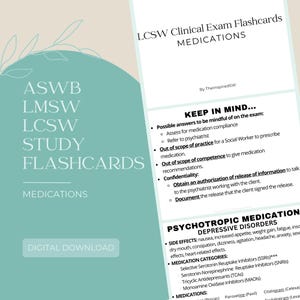 Puede incluir: Descarga digital de tarjetas de estudio para el examen clínico LCSW, con información sobre medicamentos y trastornos psicotrópicos. Fondo turquesa con texto blanco y detalles florales. Incluye una lista de efectos secundarios.