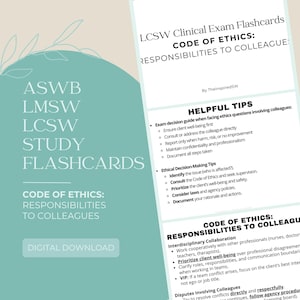 Puede incluir: Tarjetas digitales para el estudio del examen clínico LCSW. Las tarjetas cubren el Código de Ética, centrándose en las responsabilidades hacia los colegas. Incluye consejos útiles y orientación para la toma de decisiones éticas. Descarga digital.