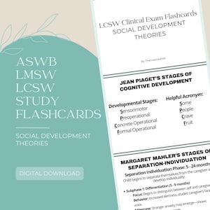 Può includere: Flashcard digitali per lo studio degli esami ASWB, LMSW e LCSW. Le flashcard riguardano le teorie dello sviluppo sociale, compresi gli stadi dello sviluppo cognitivo di Jean Piaget. Il testo è su sfondo azzurro chiaro.