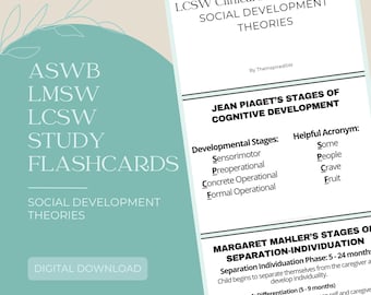 Teorías del desarrollo social / Tarjetas de estudio para exámenes LCSW LMSW ASWB / Descarga digital / Preparación para el examen de trabajo social / Guía de estudio para el examen clínico