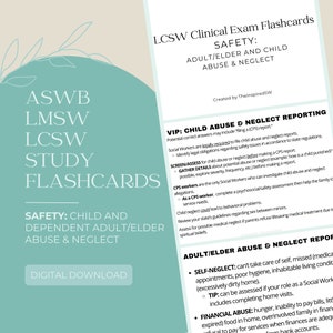 Karty do nauki egzaminu LMSW/LCSW - Bezpieczeństwo - Nadużycia | Materiały do nauki do egzaminu ASWB | Egzamin licencyjny | Ultimate Exam Prep | Egzamin licencyjny pracownika socjalnego