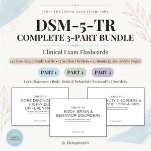 Puede incluir: Un paquete completo de 3 partes de tarjetas de estudio para examen clínico DSM-5-TR. El conjunto incluye 147 tarjetas de una cara, 15 divisores de sección y 12 páginas de repaso rápido. Las tarjetas cubren diagnósticos, cuerpo y conducta.