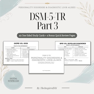 May include: A set of digital study cards titled DSM-5-TR Part 3: Personality Disorders & Diagnostic Look-Alikes. Includes 49 one-sided cards and 4 bonus quick review pages featuring comparison charts for OCPD vs. OCD and BPD vs. Bipolar Disorder.