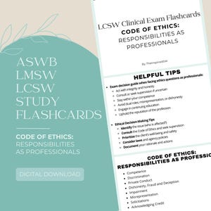 May include: Study flashcards for the LCSW clinical exam. The cards feature the Code of Ethics: Responsibilities as Professionals. Includes helpful tips and ethical decision-making tips. Digital download.